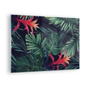 Quadro em vidro - Folhas e flores exóticas em um fundo escuro - 70x50cm - Queimar em verde - Decoração de parede moderna para a sala de estar e quarto ARTTOR