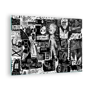 Quadro em vidro - Gráficos em estilo de arte de rua em preto e branco com personagens e símbolos - 70x50cm - O direito e a alegria da juventude espiritual - Decoração de parede moderna para a sala de estar e quarto ARTTOR
