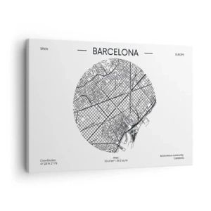 Quadro em tela - Um mapa de Barcelona em um estilo minimalista em preto e branco - 70x50cm - Anatomia de Barcelona - Decoração de parede moderna para a sala de estar e quarto ARTTOR