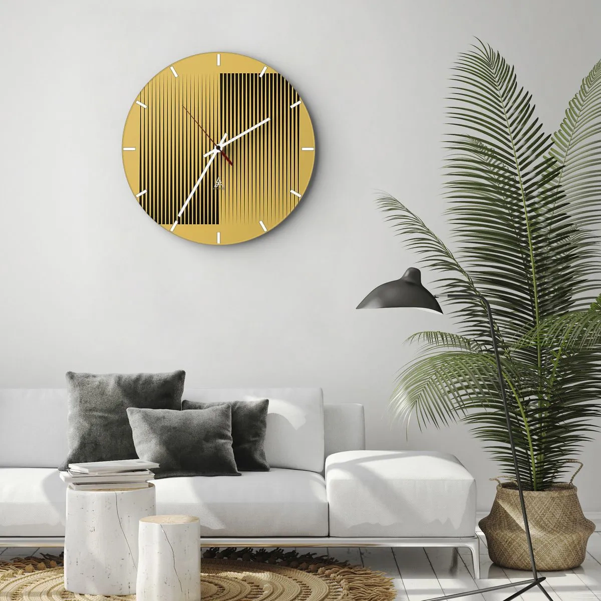 Relógio de parede - Relógio em vidro - Fundo amarelo com linhas verticais pretas criando um efeito geométrico - 30x30cm - Quadratura de opostos - Decoração de parede moderna para a sala de estar, cozinha e quarto ARTTOR