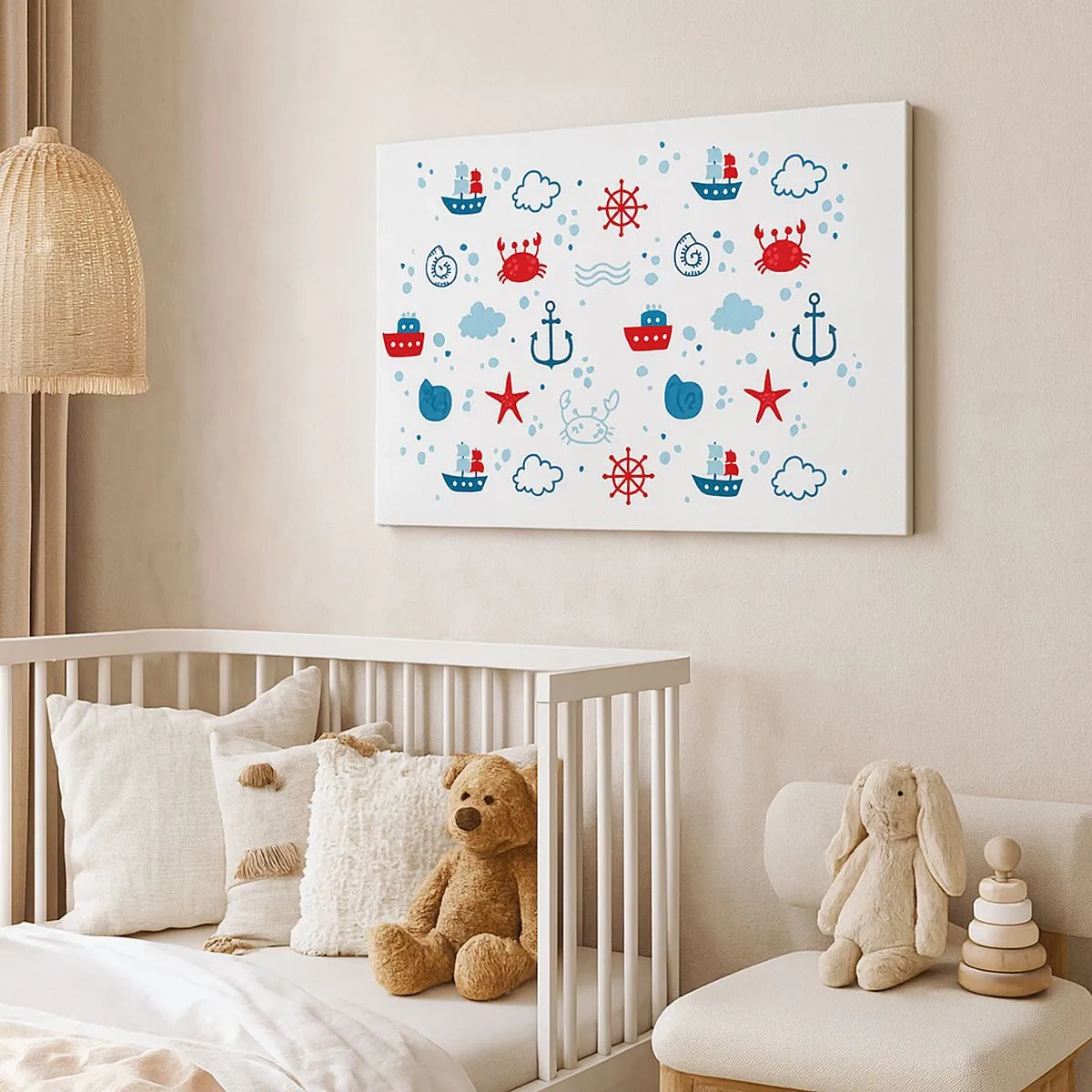 Quadro em tela - Padrão náutico com âncoras, navios e caranguejos - 70x50cm - Conto de fadas do mar - Decoração de parede moderna para a sala de estar e quarto ARTTOR