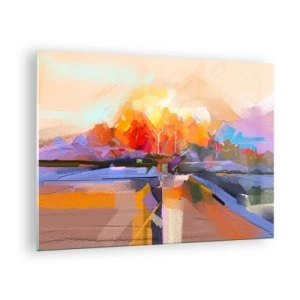 Quadro em vidro - Paisagem abstrata com pôr do sol e campos coloridos - 70x50cm - O outono chegou - Decoração de parede moderna para a sala de estar e quarto ARTTOR