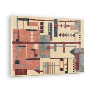 Quadro em vidro - Padrão geométrico abstrato em tons de bege e vermelho - 70x50cm - Combinação de verticais e horizontais - Decoração de parede moderna para a sala de estar e quarto ARTTOR