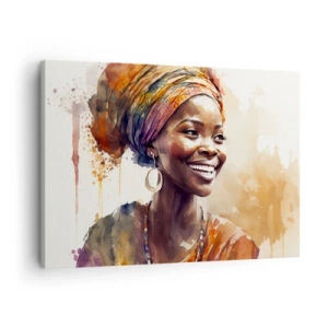 Quadro em tela - Retrato de uma mulher sorridente com um lenço colorido em aquarela - 70x50cm - Rainha africana - Decoração de parede moderna para a sala de estar e quarto ARTTOR