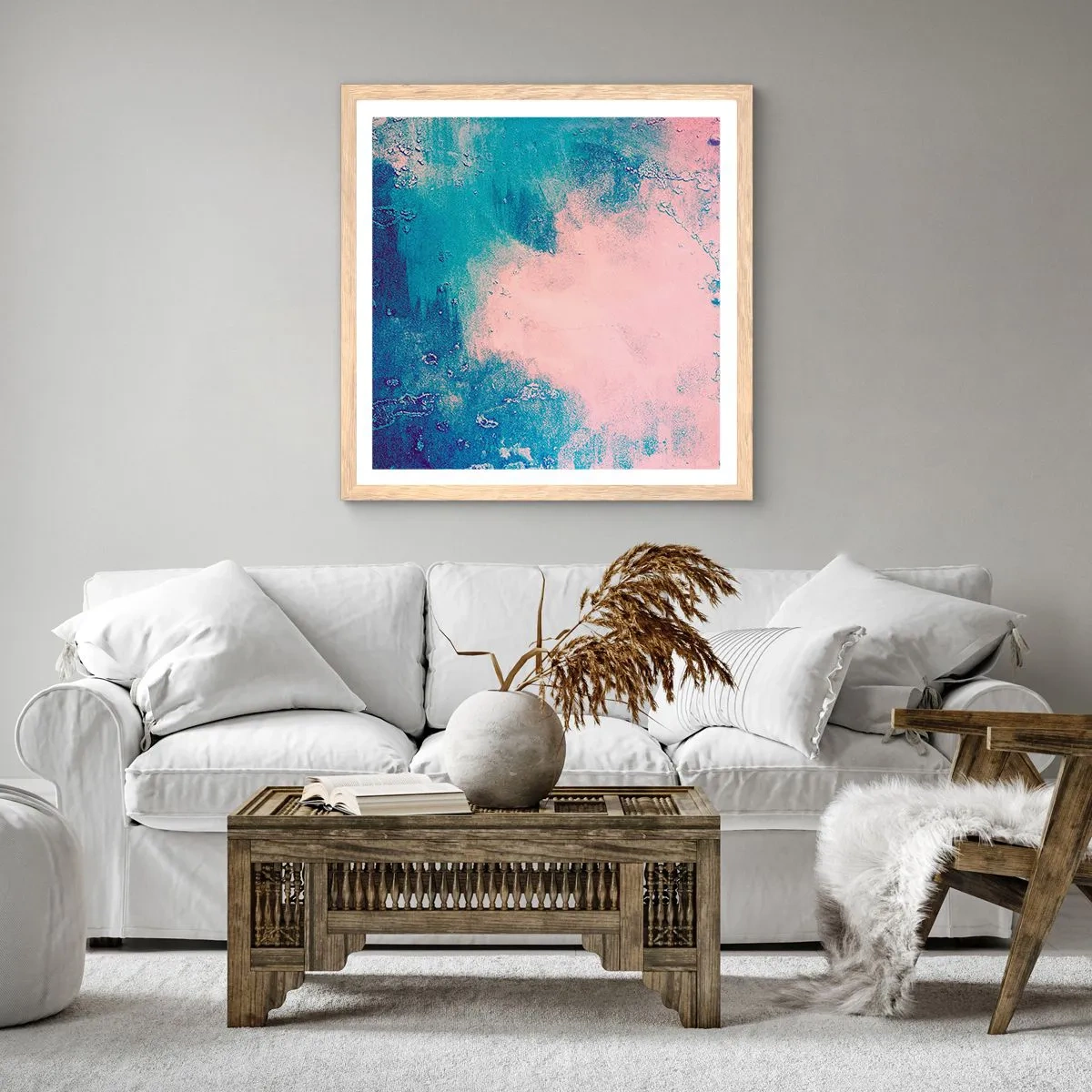 Pôster com moldura de carvalho claro - Abraço azul - 30x30 cm