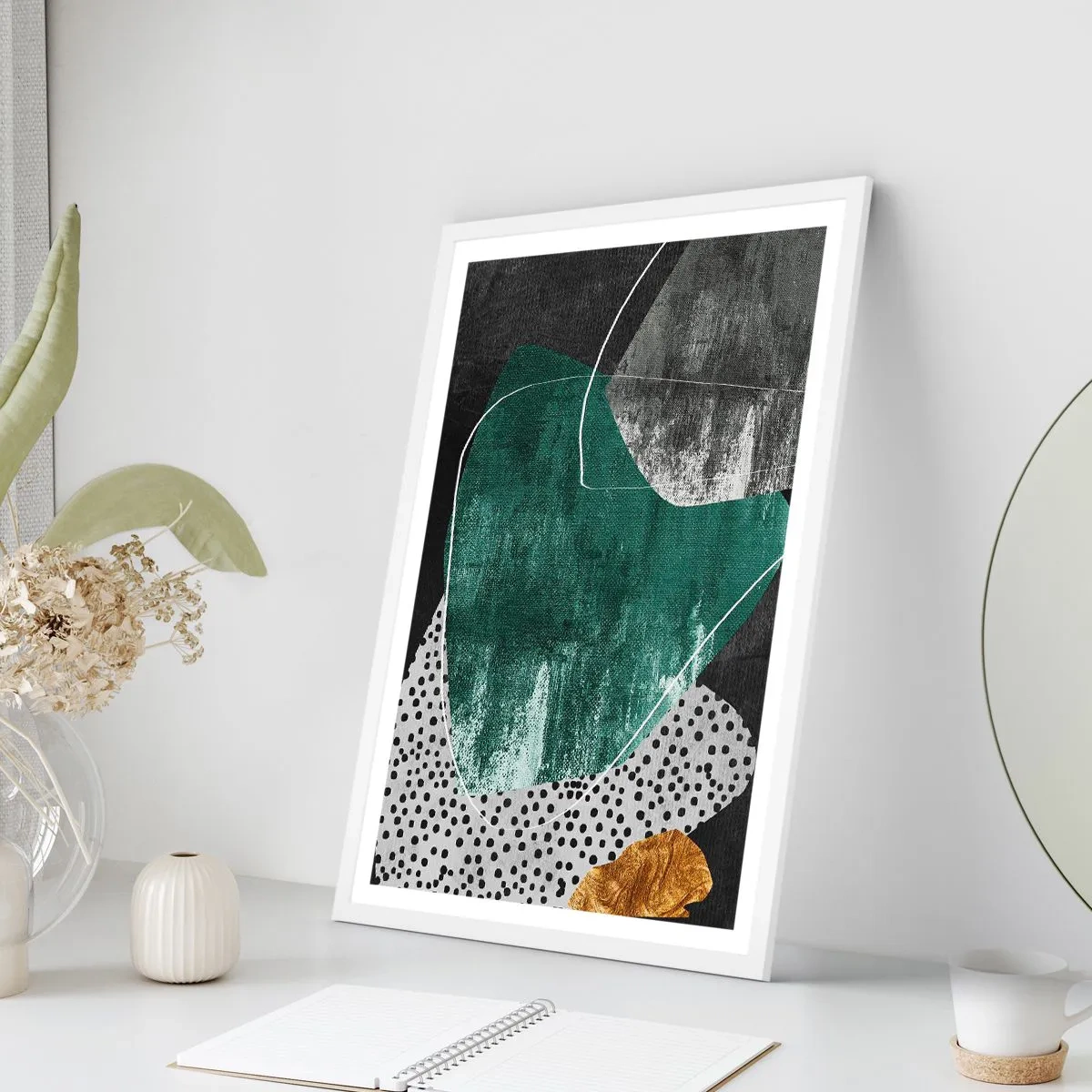 Pôster em moldura branca - Abstração colorida com folha de ouro - 50x70 cm