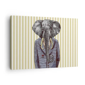 Quadro em tela - Um elefante de terno contra um fundo de listras bege - 70x50cm - Elegante por natureza - Decoração de parede moderna para a sala de estar e quarto ARTTOR
