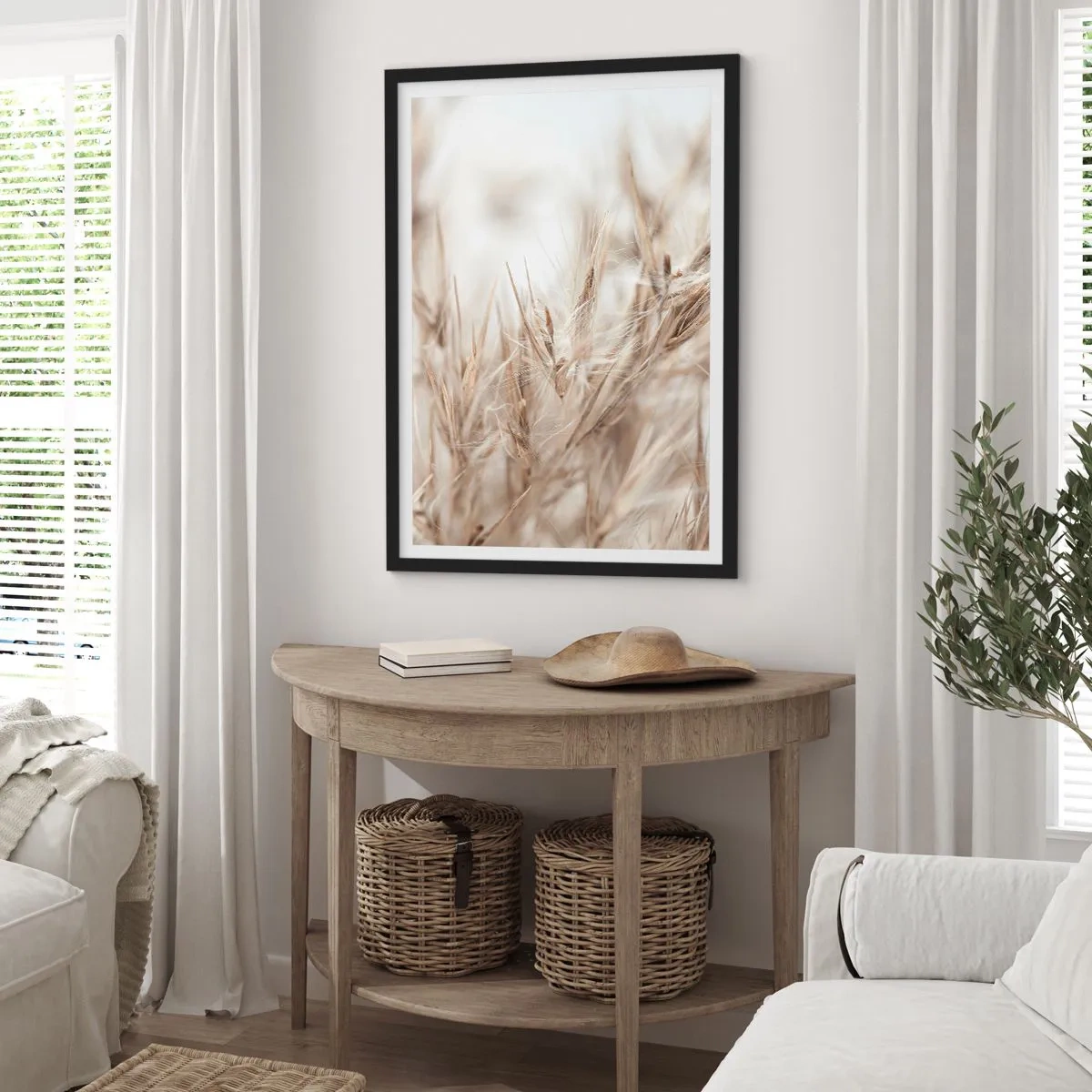 Pôster com moldura preta - Delicadas pontas de grama em bege - 50x70cm - Prado e vento - Decoração de parede moderna para a sala de estar e quarto ARTTOR