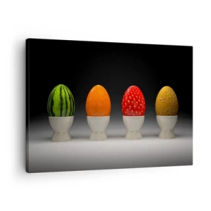 Quadro em tela - Ovos coloridos que lembram frutas em um fundo escuro - 70x50cm - Café da manhã frutado - Decoração de parede moderna para a sala de estar e quarto ARTTOR
