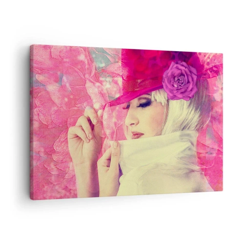 Quadro em tela - Mulher estilosa com um chapéu rosa e uma flor - 70x50cm - Retrato retro em rosa - Decoração de parede moderna para a sala de estar e quarto ARTTOR