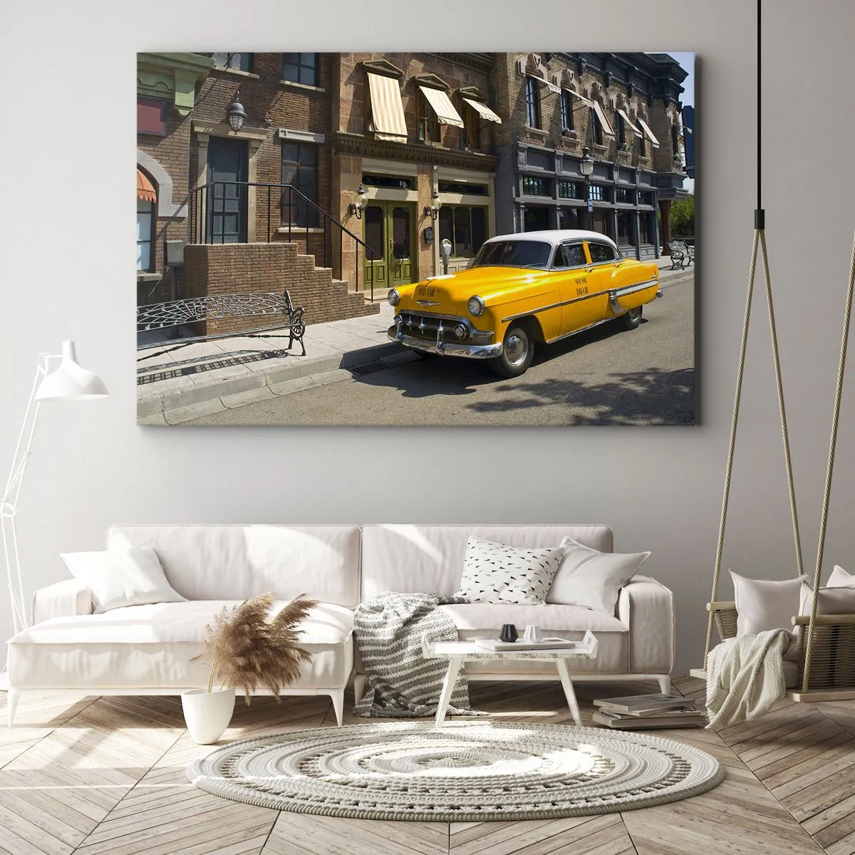 Quadro em tela - Um táxi amarelo em uma rua ladeada por casas de temporada - 70x50cm - Era uma vez na América - Decoração de parede moderna para a sala de estar e quarto ARTTOR