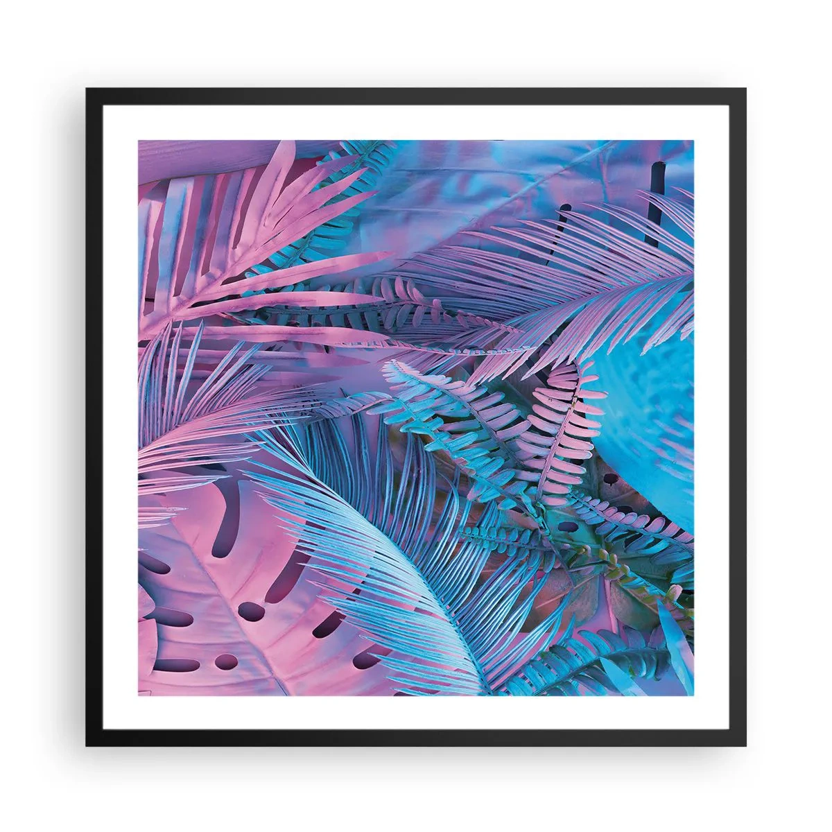 Pôster com moldura preta - Trópicos em rosa e azul - 60x60 cm