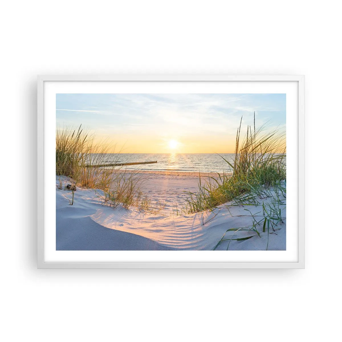Pôster em moldura branca - O som do mar, o canto dos pássaros, a praia selvagem entre a relva... - 70x50 cm