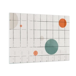 Quadro em vidro - Círculos coloridos em uma grade geométrica de linhas finas - 70x50cm - Encurralado. Nós ou eles? - Decoração de parede moderna para a sala de estar e quarto ARTTOR