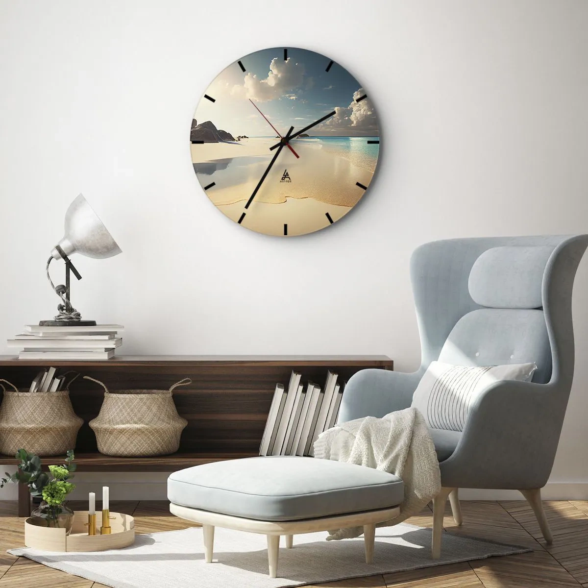Relógio de parede - Relógio em vidro - Praia tropical com areia branca e água azul-turquesa - 30x30cm - Um dia de sonho - Decoração de parede moderna para a sala de estar, cozinha e quarto ARTTOR