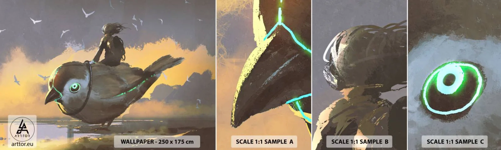 Amostra de papel de parede autocolante Deluxe Sticker - Uma parada numa viagem fantástica - Abstração, Pássaro, Fantasia - 100x30 cm