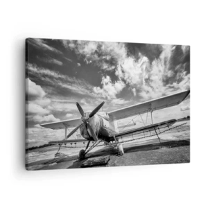 Quadro em tela - Um avião velho no aeroporto em preto e branco - 70x50cm - Mal posso esperar! - Decoração de parede moderna para a sala de estar e quarto ARTTOR