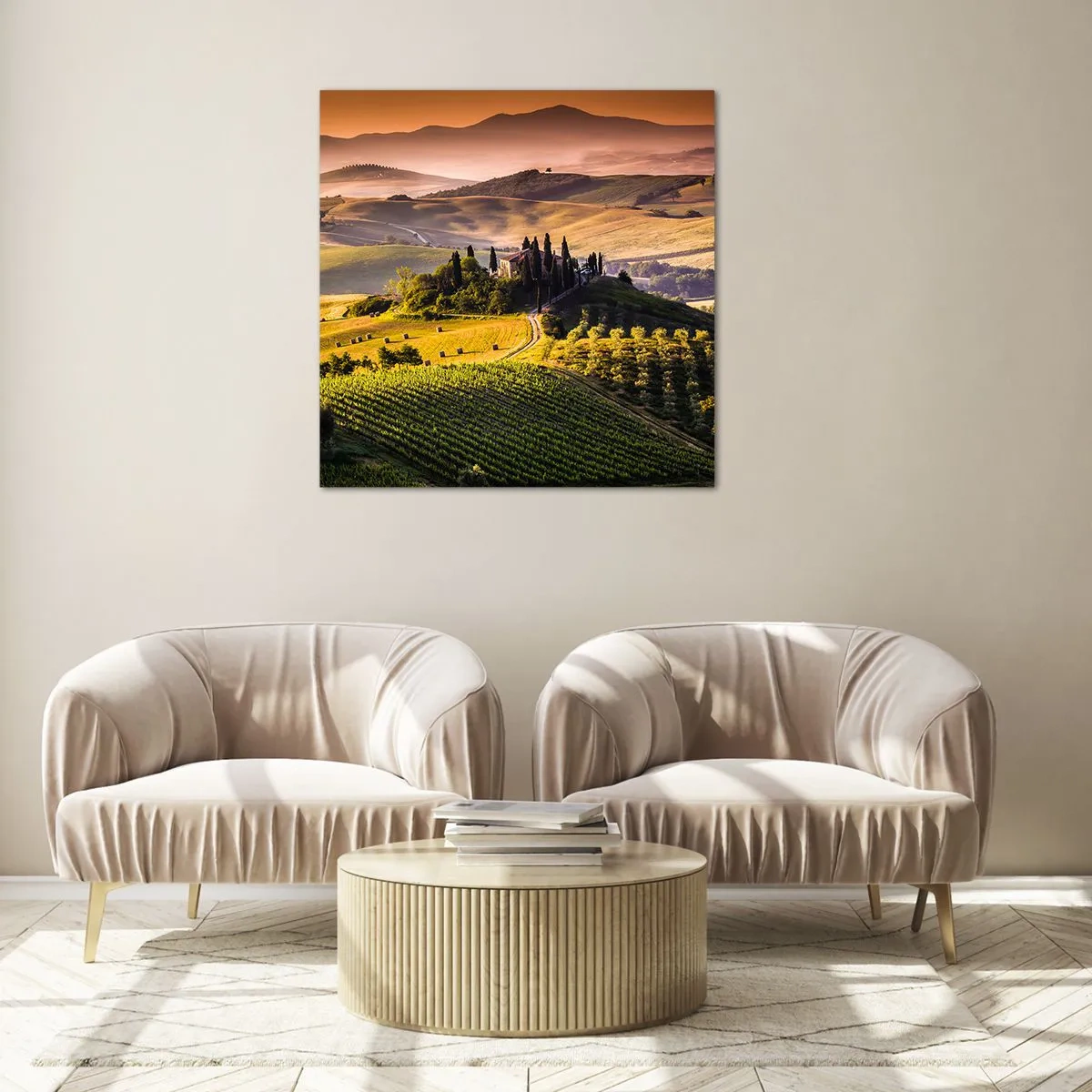 Quadro em vidro - Arcádia - Paisagem toscana - 70x70 cm