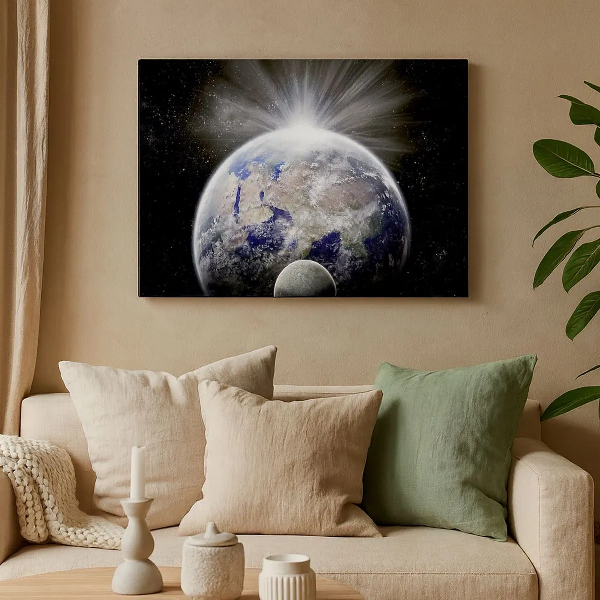 Quadro em tela - Terra e Lua iluminadas pelo brilho do espaço - 70x50cm - Em pleno esplendor - Decoração de parede moderna para a sala de estar e quarto ARTTOR