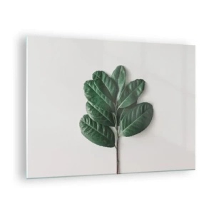 Quadro em vidro - Um galho com folhas verdes em um fundo claro - 70x50cm - Desenho da própria natureza - Decoração de parede moderna para a sala de estar e quarto ARTTOR