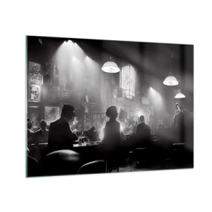 Quadro em vidro - Palco de jazz em preto e branco no interior de um clube - 70x50cm - Em uma atmosfera de jazz - Decoração de parede moderna para a sala de estar e quarto ARTTOR