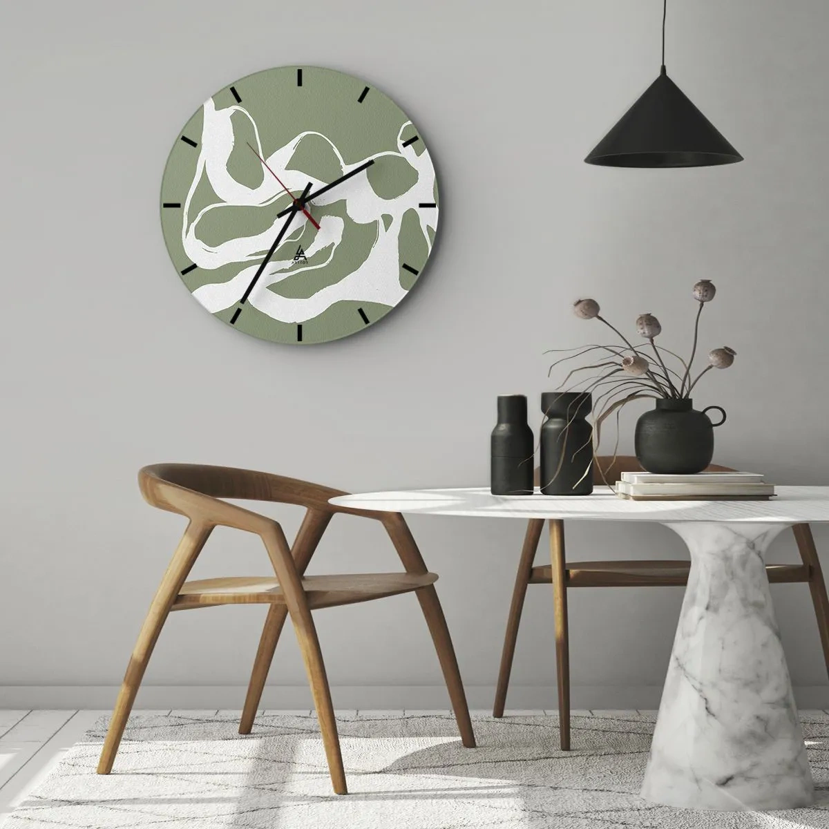 Relógio de parede - Relógio em vidro - Formas brancas orgânicas em um fundo verde-oliva - 30x30cm - A chamada do espaço - Decoração de parede moderna para a sala de estar, cozinha e quarto ARTTOR