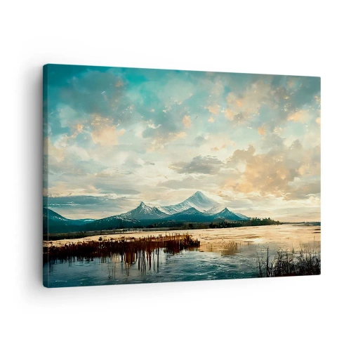Quadro em tela - Uma paisagem pitoresca com uma montanha e um lago calmo - 70x50cm - Sob a proteção do céu - Decoração de parede moderna para a sala de estar e quarto ARTTOR