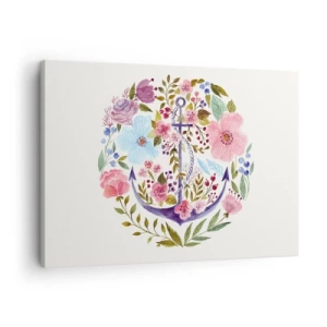 Quadro em tela - Uma âncora cercada por flores em aquarela sobre um fundo claro - 70x50cm - O bom sonho de um marinheiro - Decoração de parede moderna para a sala de estar e quarto ARTTOR