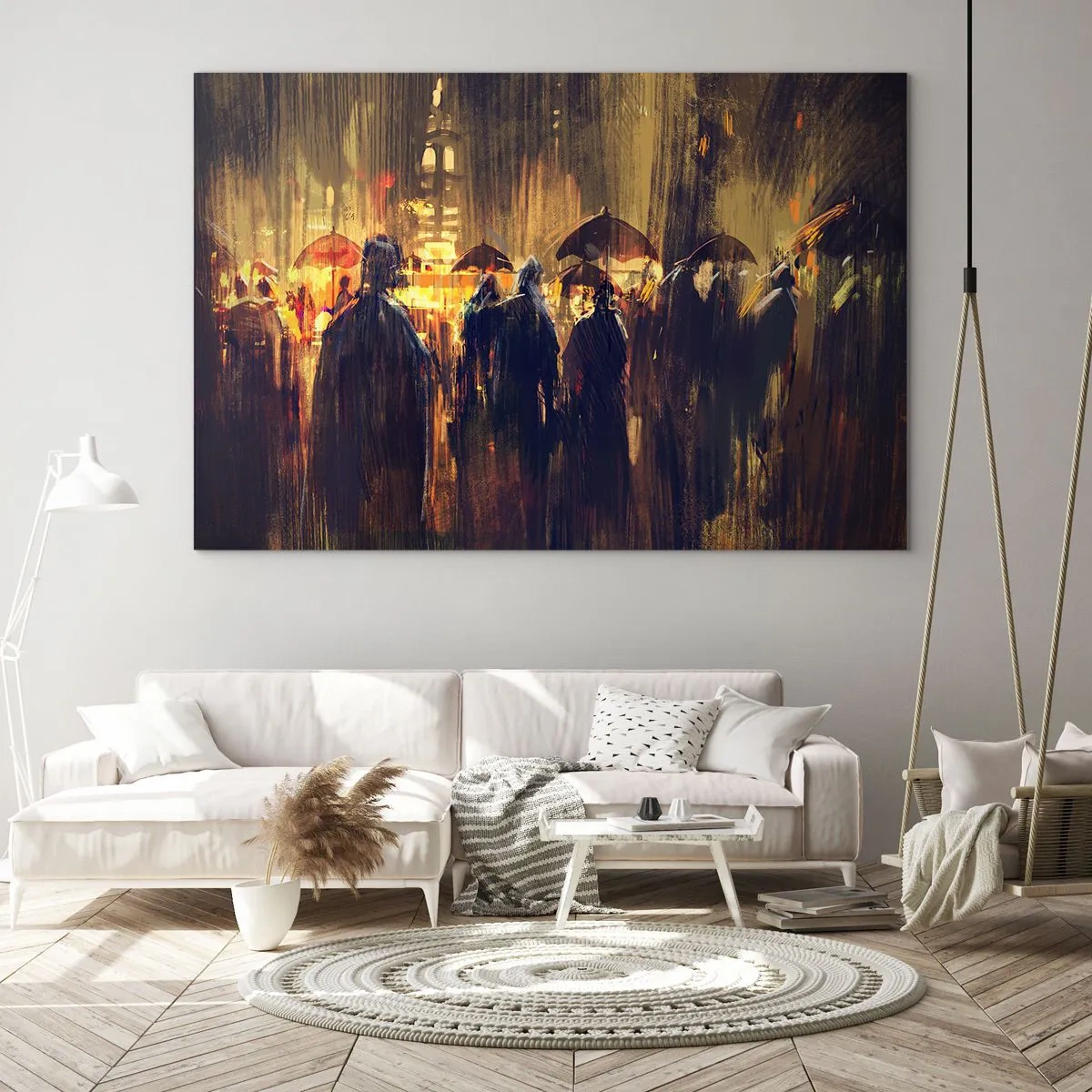 Quadro em vidro - Uma multidão com guarda-chuvas na chuva tendo como pano de fundo as luzes da cidade - 70x50cm - Os seguidores da chuva - Decoração de parede moderna para a sala de estar e quarto ARTTOR