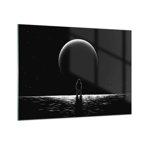 Quadro em vidro - Astronauta em pé em frente a um planeta em preto e branco - 70x50cm - Cara a cara - Decoração de parede moderna para a sala de estar e quarto ARTTOR