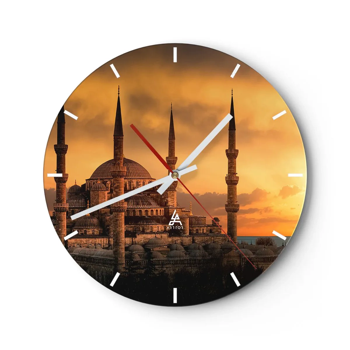 Relógio de parede - Relógio em vidro - A mesquita sob o brilho do pôr do sol - 30x30cm - Deus é grande - Decoração de parede moderna para a sala de estar, cozinha e quarto ARTTOR