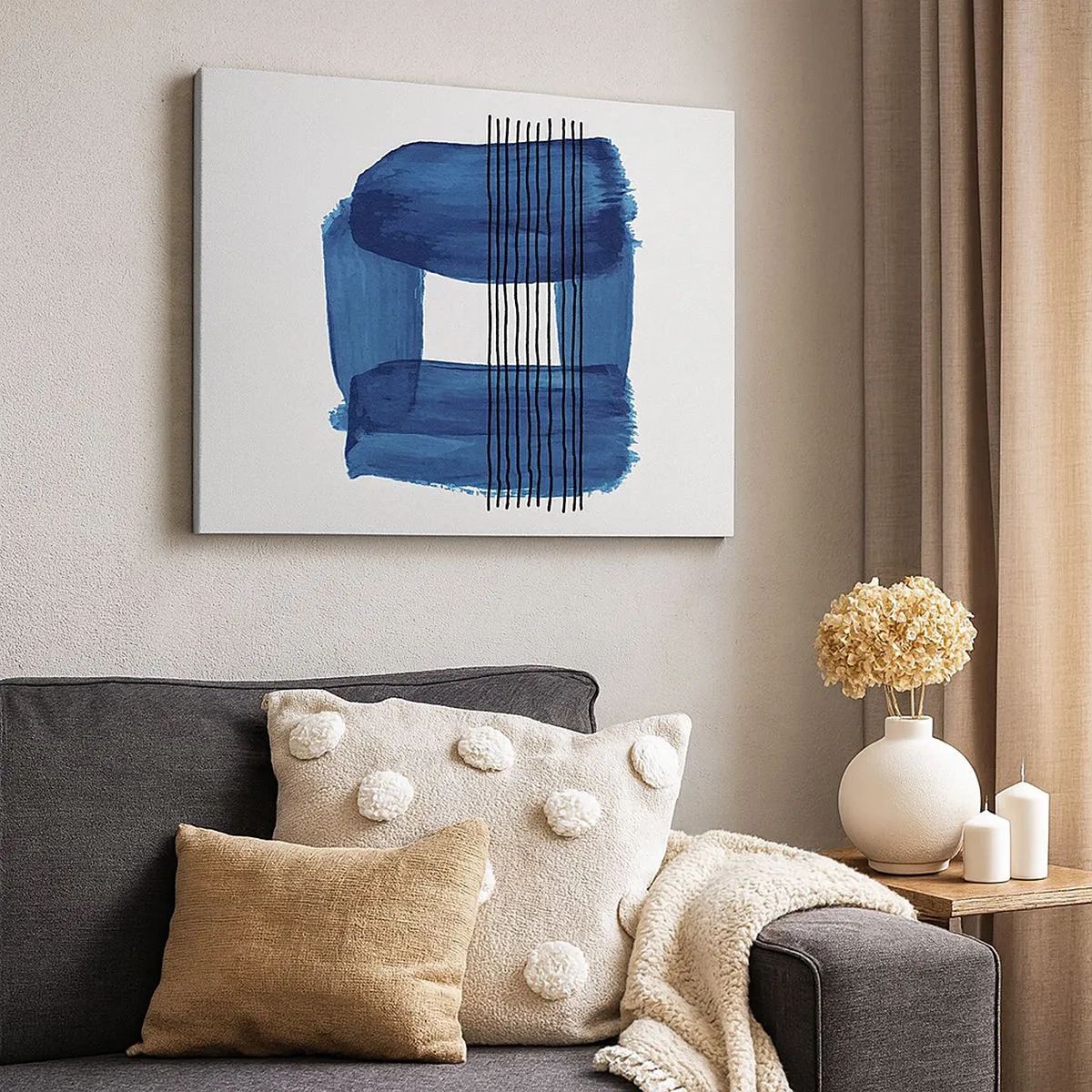Quadro em tela - Padrão abstrato em tons de azul com linhas pretas - 70x50cm - Composição azul-negra - Decoração de parede moderna para a sala de estar e quarto ARTTOR