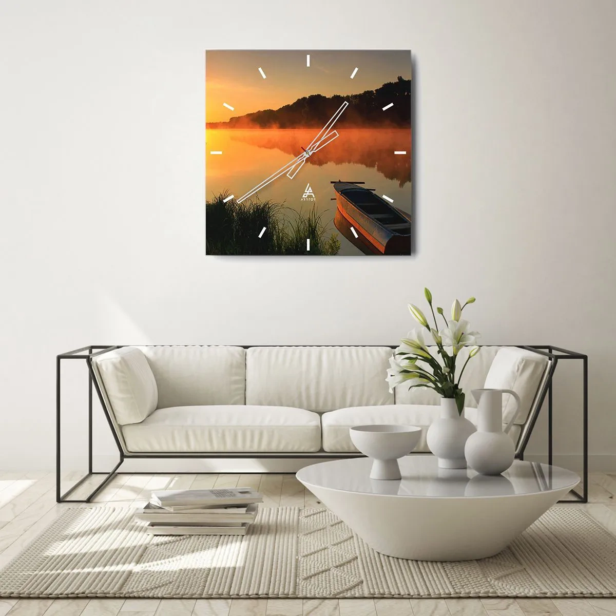 Relógio de parede - Relógio em vidro - Nascer do sol sobre a água como um espelho - 30x30 cm