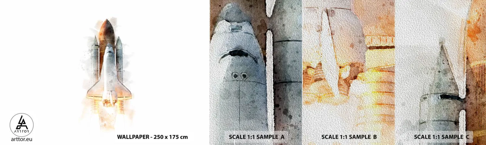 Amostra de papel de parede Premium Sand - Exploradores para iniciantes - Um foguete espacial, Cosmos, Minimalismo - 100x30 cm