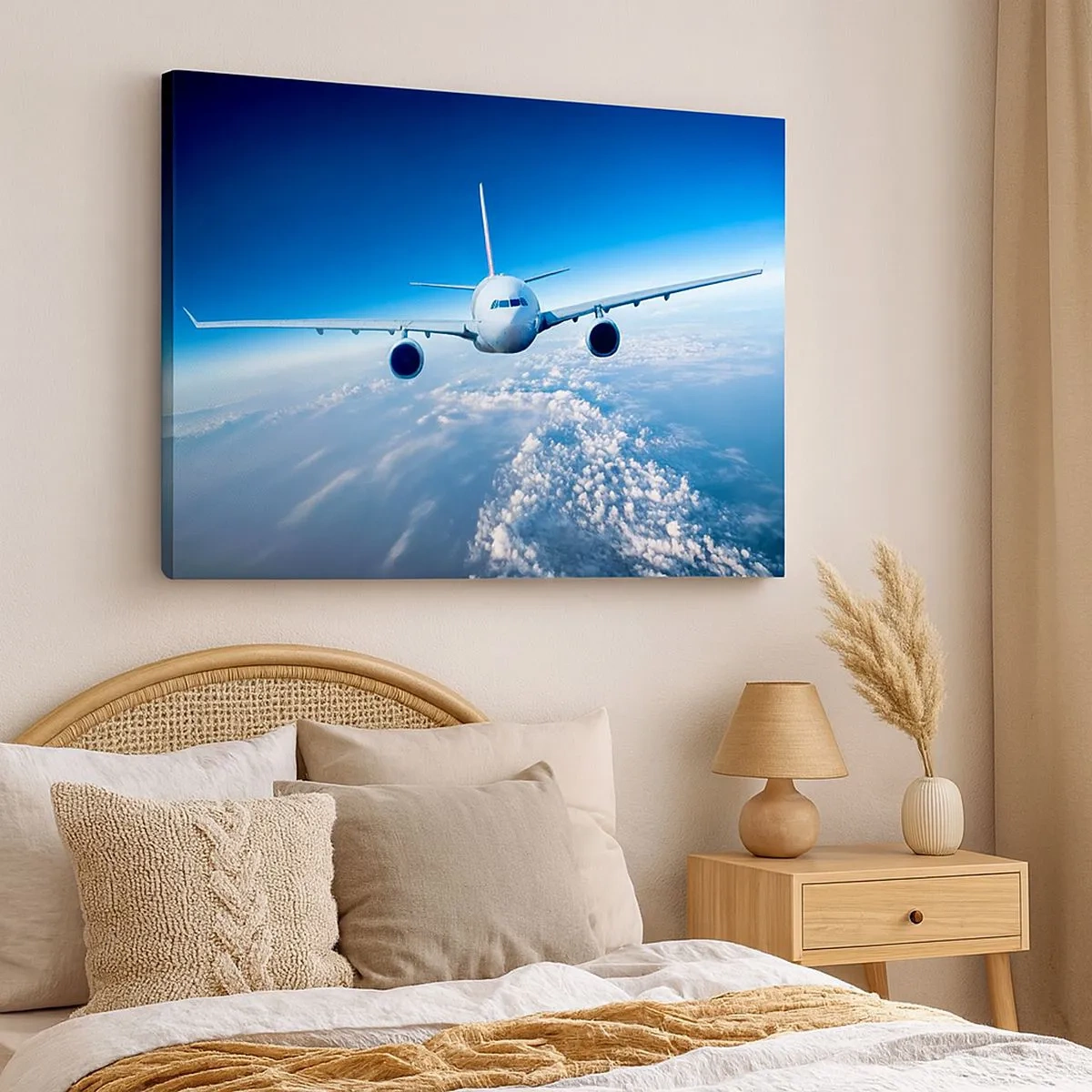Quadro em tela - Um avião voando acima das nuvens contra um céu azul - 70x50cm - Vou porque quero - Decoração de parede moderna para a sala de estar e quarto ARTTOR