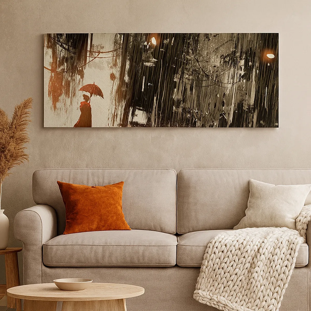 Quadro em tela - A poesia do guarda-chuva vermelho - 30x30 cm