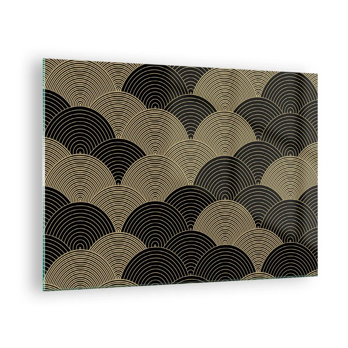 Quadro em vidro - Semicírculos dourados em um padrão japonês regular - 70x50cm - Unidade na multiplicidade - Decoração de parede moderna para a sala de estar e quarto ARTTOR