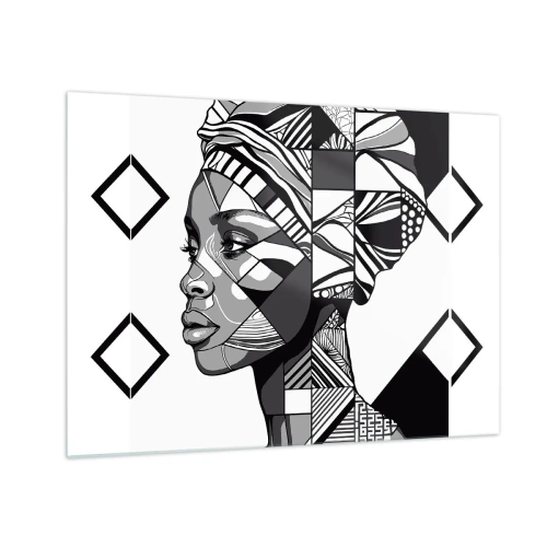 Quadro em vidro - Retrato étnico em preto e branco de uma mulher com padrões geométricos - 70x50cm - Retrato étnico - Decoração de parede moderna para a sala de estar e quarto ARTTOR