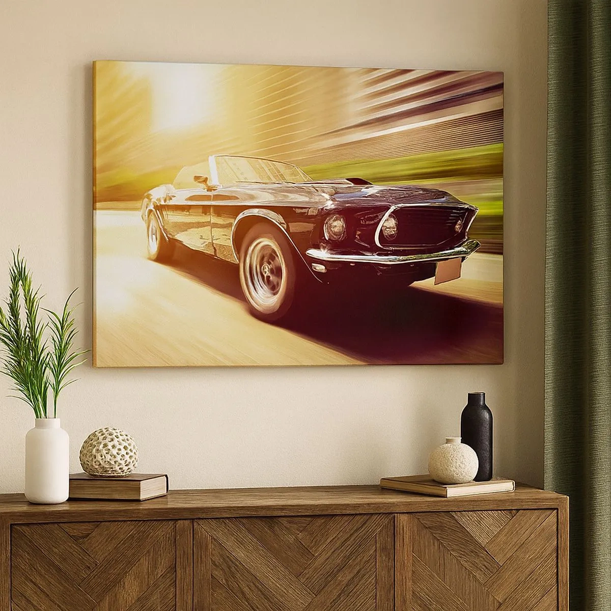Quadro em tela - Um carro clássico em movimento em um cenário urbano - 70x50cm - 1967 - O Retorno de uma Lenda - Decoração de parede moderna para a sala de estar e quarto ARTTOR