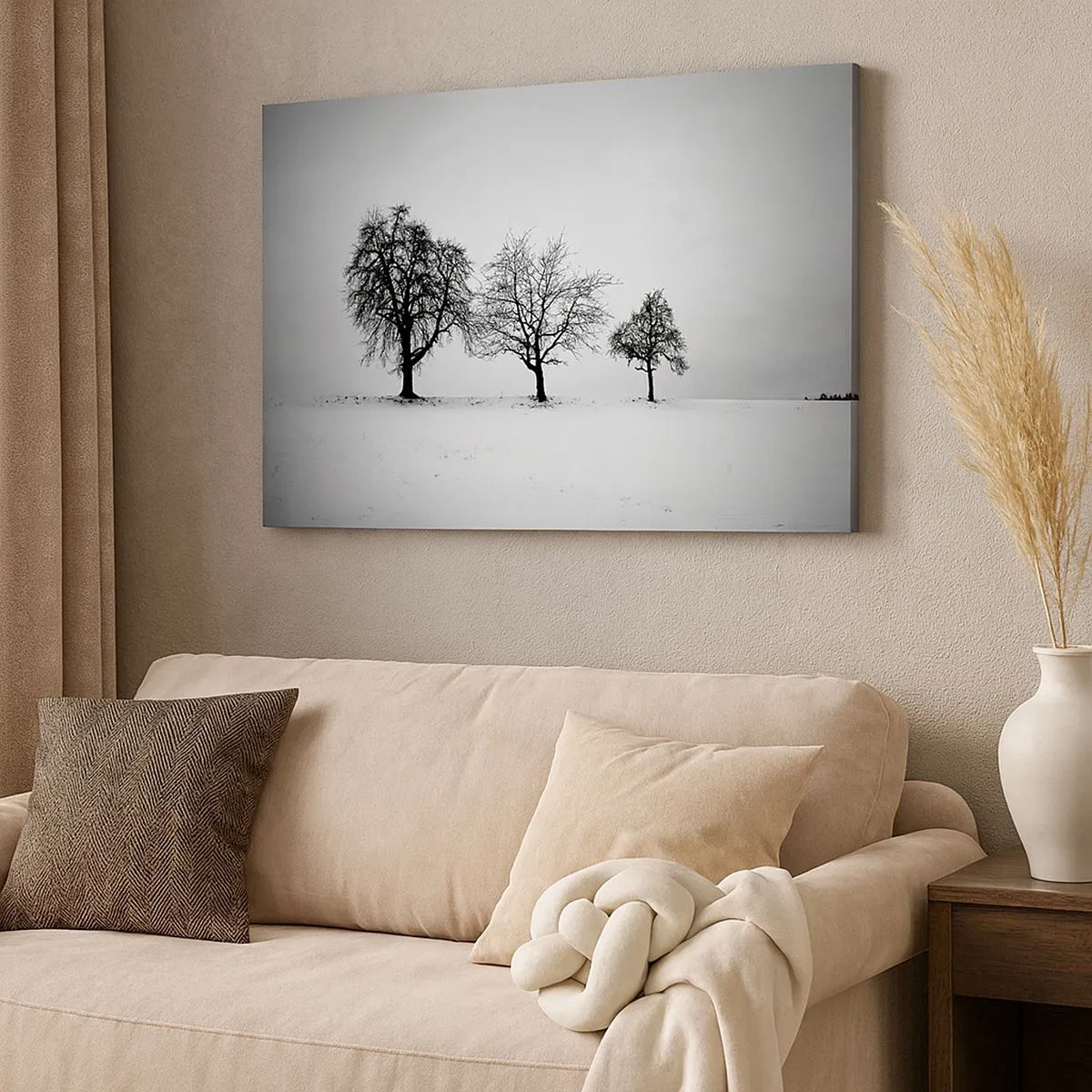 Quadro em tela - Três árvores em um campo nevado em estilo monocromático - 70x50cm - Com que sonham elas? - Decoração de parede moderna para a sala de estar e quarto ARTTOR