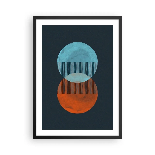 Pôster com moldura preta - Círculos abstratos em tons de azul e laranja - 50x70cm - Fantasia astronómica - Decoração de parede moderna para a sala de estar e quarto ARTTOR