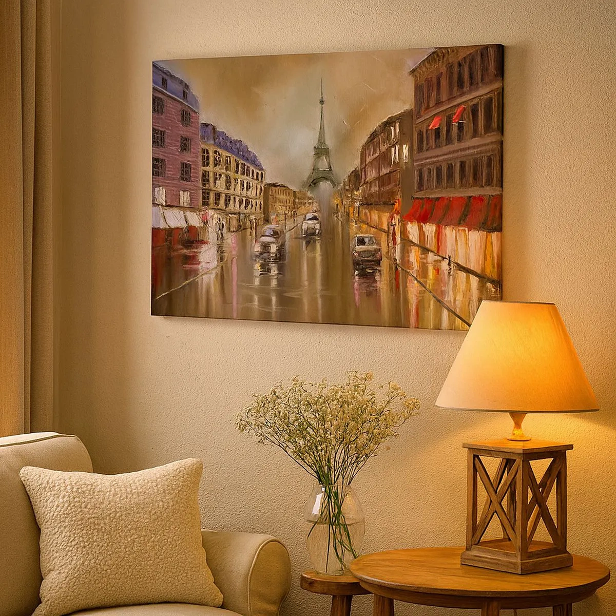 Quadro em tela - Paisagem urbana noturna de Paris com vista para a Torre Eiffel - 70x50cm - Só ela importa - Decoração de parede moderna para a sala de estar e quarto ARTTOR