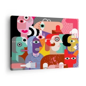 Quadro em tela - Abstração colorida com rostos geométricos - 70x50cm - Viemos da parte do Sr. Picasso - Decoração de parede moderna para a sala de estar e quarto ARTTOR