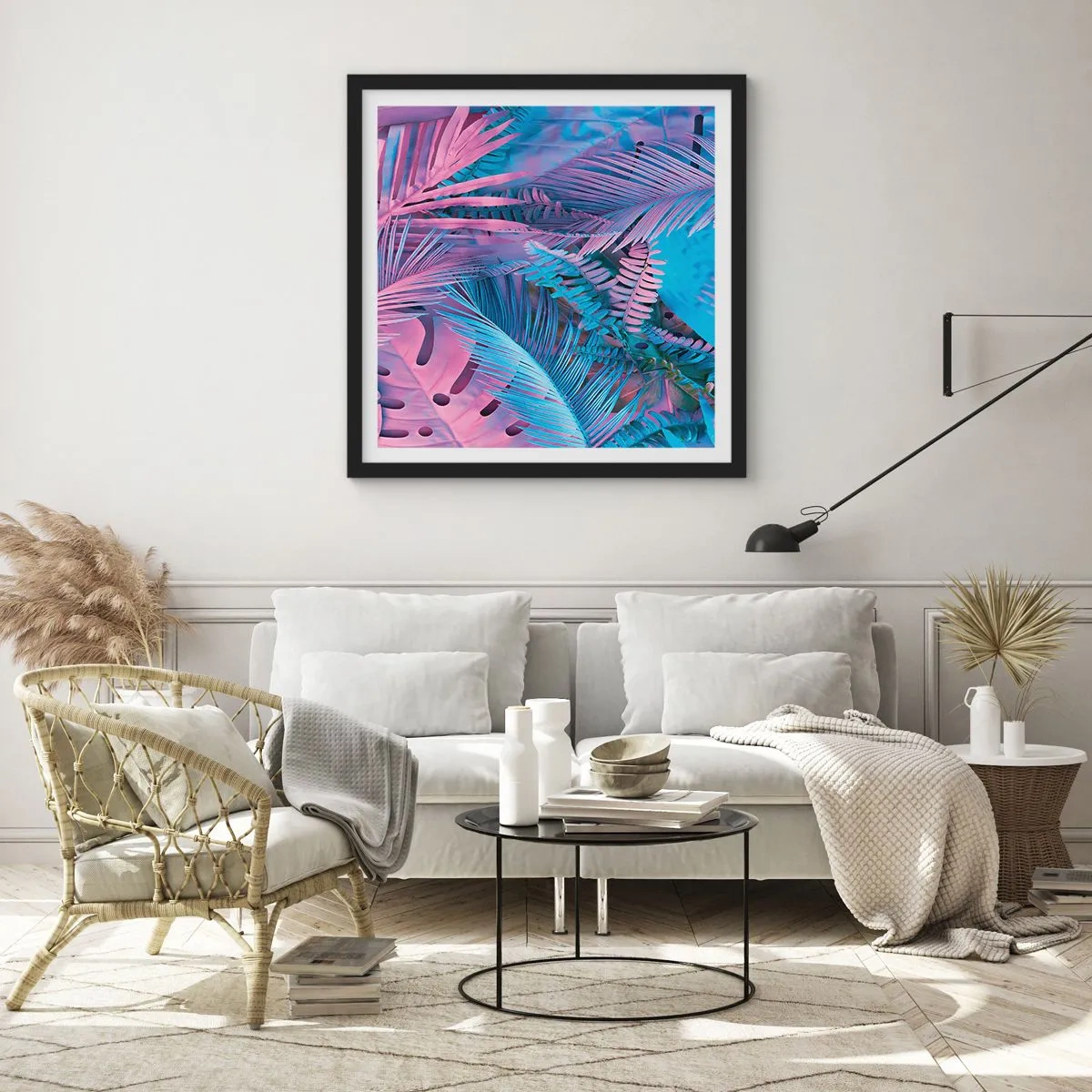 Pôster com moldura preta - Trópicos em rosa e azul - 30x30 cm
