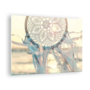 Quadro em vidro - Um totem de renda com franjas delicadas tendo como pano de fundo o pôr do sol sobre o mar. - 70x50cm - Totem de renda - Decoração de parede moderna para a sala de estar e quarto ARTTOR