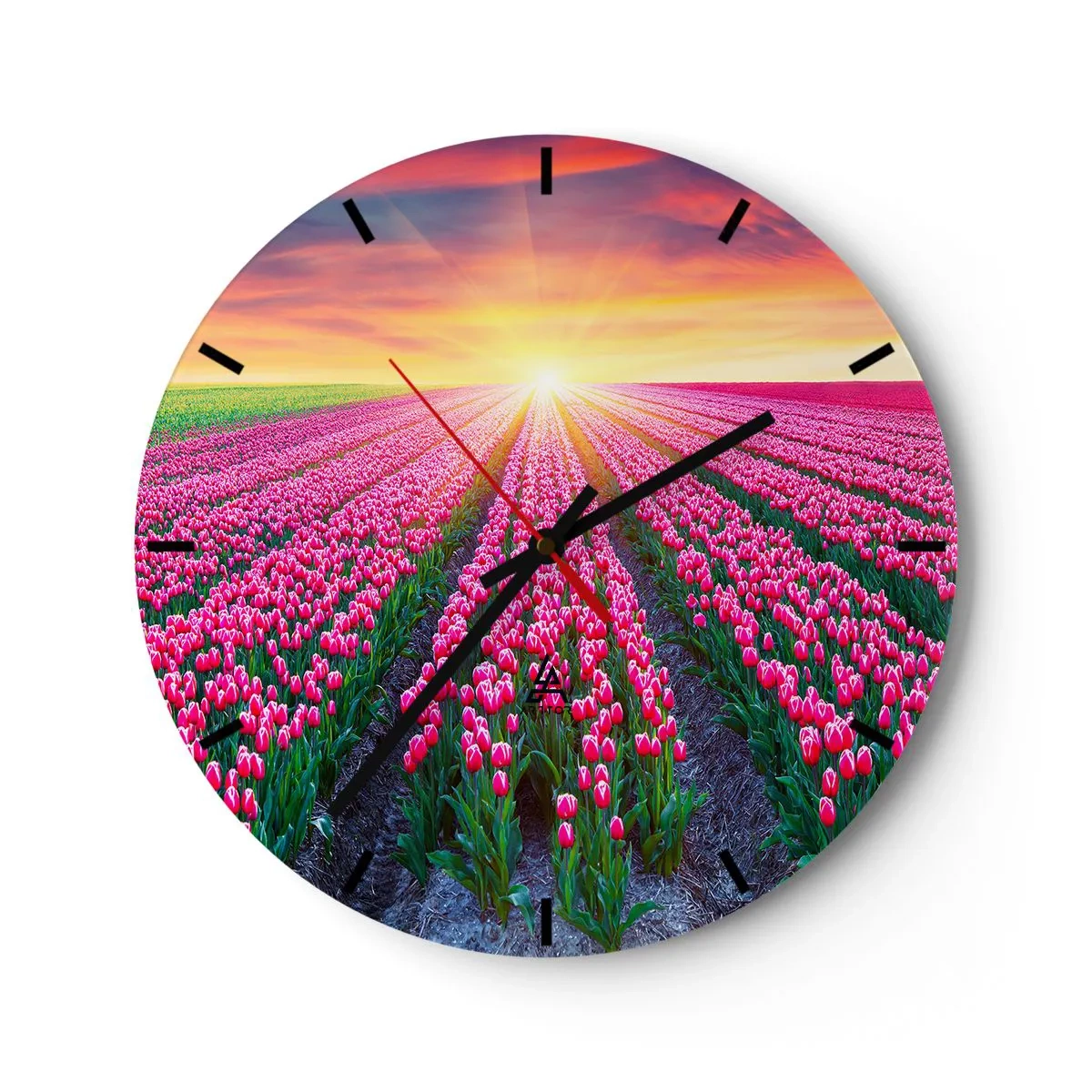 Relógio de parede - Relógio em vidro - Um campo de tulipas vermelhas ao pôr do sol - 30x30cm - Quinta da Beleza - Decoração de parede moderna para a sala de estar, cozinha e quarto ARTTOR