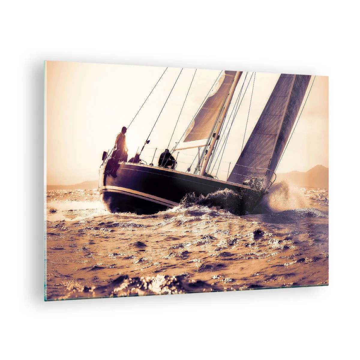 Quadro em vidro - Um veleiro em um mar tempestuoso em tons quentes - 70x50cm - A velejar, marujo - Decoração de parede moderna para a sala de estar e quarto ARTTOR