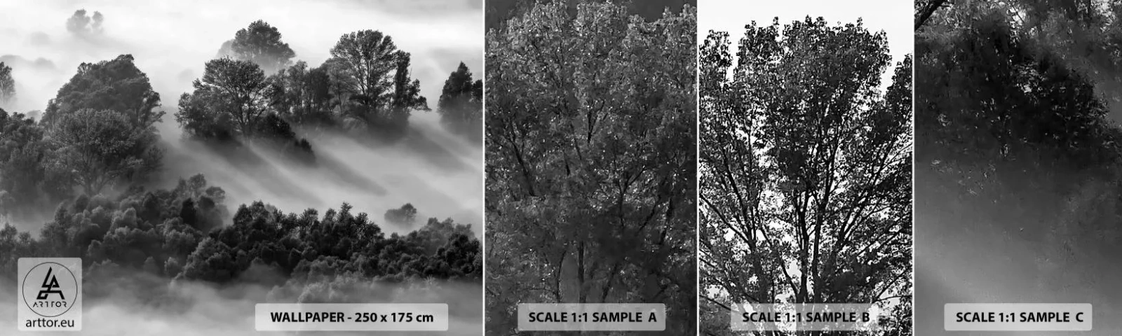 Amostra de papel de parede autocolante Deluxe Sticker - Levantar-se do sono - Paisagem, Floresta, Névoa - 100x30 cm