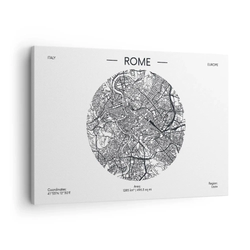 Quadro em tela - Um mapa de Roma em um estilo minimalista, preto e branco - 70x50cm - Anatomia de Roma - Decoração de parede moderna para a sala de estar e quarto ARTTOR