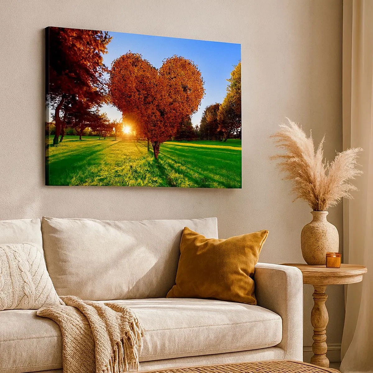 Quadro em tela - Uma árvore em forma de coração em uma paisagem de outono - 70x50cm - E como não amar o outono - Decoração de parede moderna para a sala de estar e quarto ARTTOR